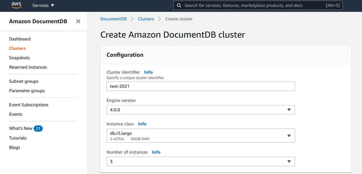 Modulo di opzioni di configurazione per la creazione di un cluster Amazon DocumentDB.