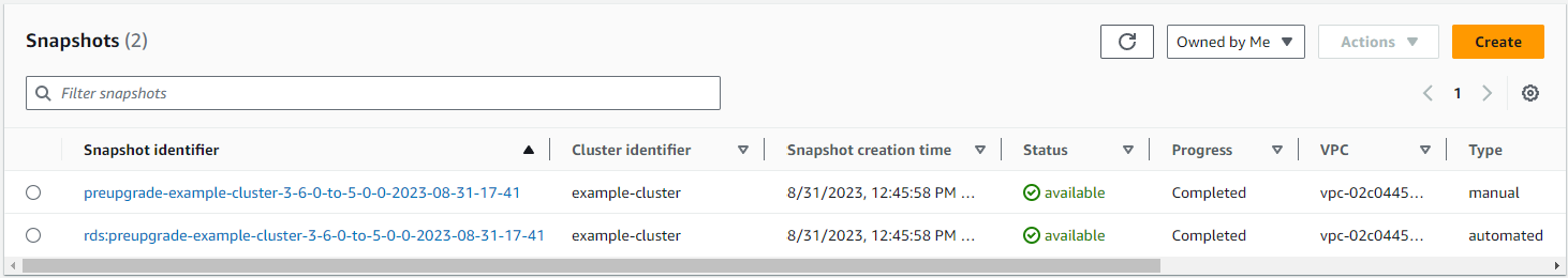 Immagine: la casella di navigazione Snapshots che mostra una tabella di istantanee create in precedenza.