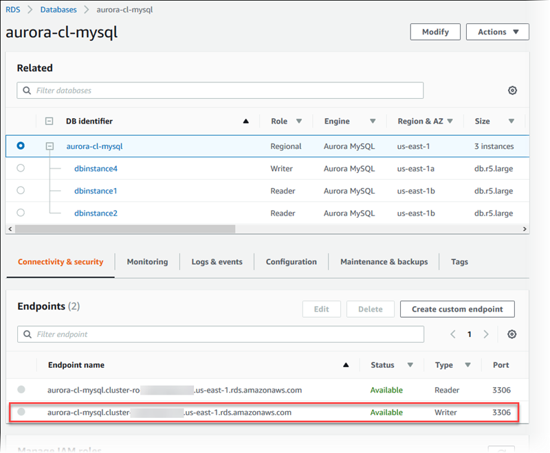 データベース接続用の接続アドレスを表示する Aurora MySQL ライターエンドポイントの詳細パネル。