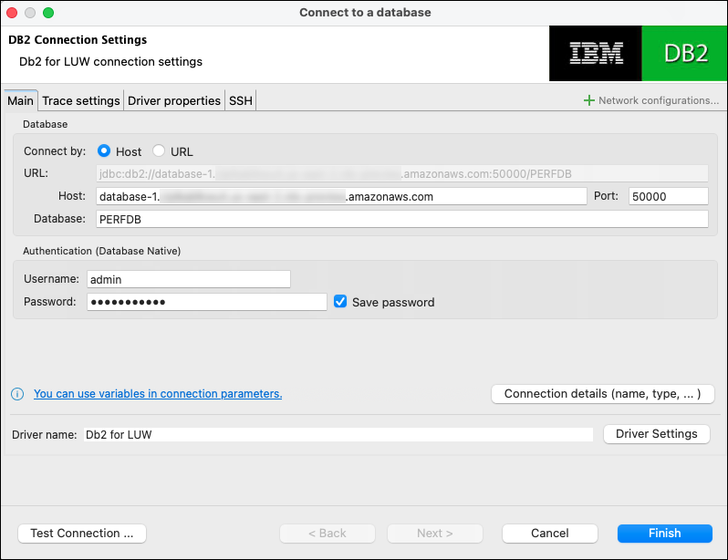 さまざまな接続設定が DBeaver に入力されている [データベースへの接続] ウィンドウ。