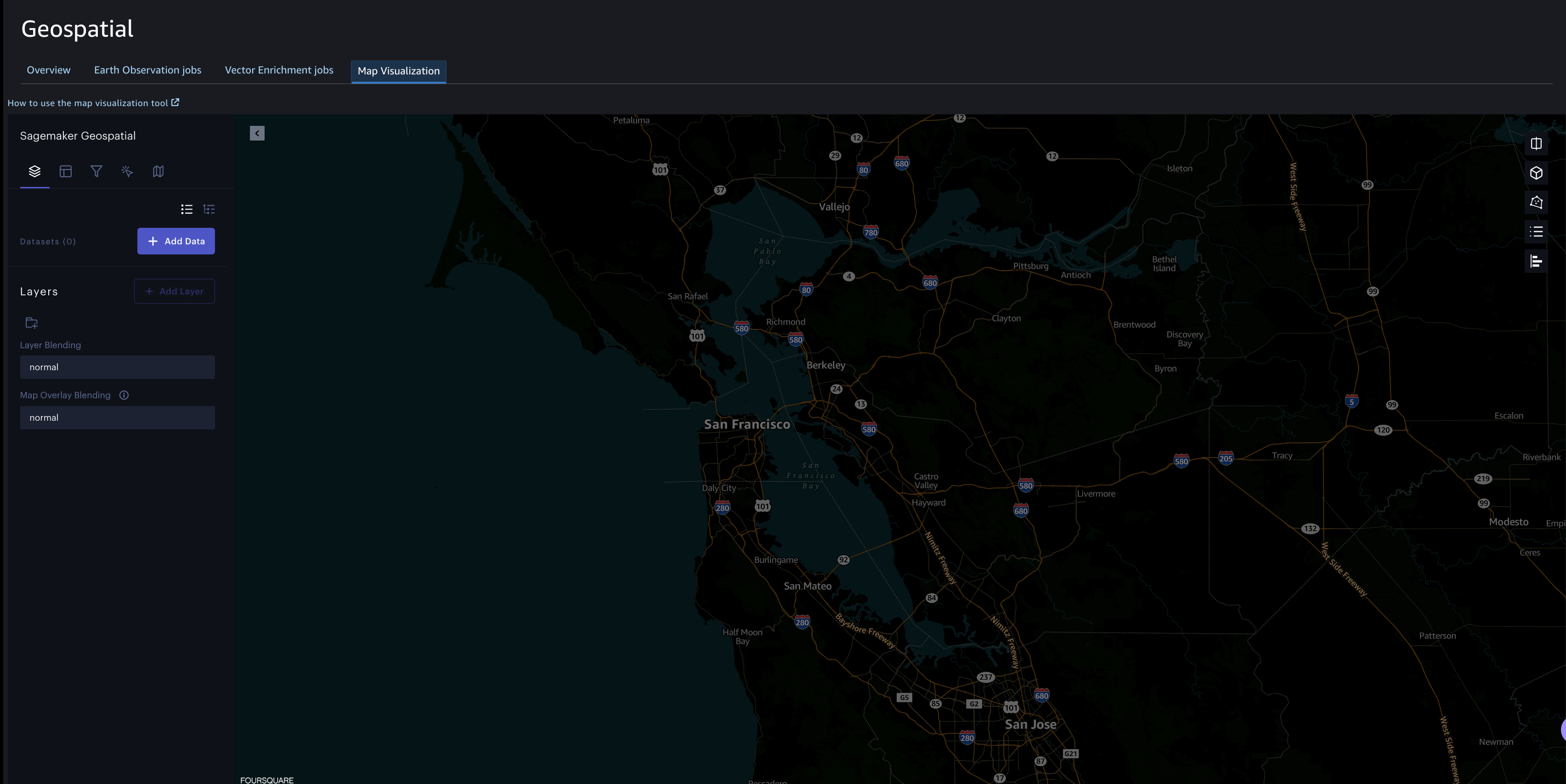 SageMaker の地理空間機能の視覚化ツールで表示されたカリフォルニア沿岸の地図。