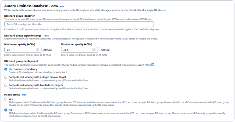 샤딩 및 배포 파라미터에 대한 구성 옵션이 포함된 Aurora PostgreSQL Limitless Database 콘솔 설정입니다.
