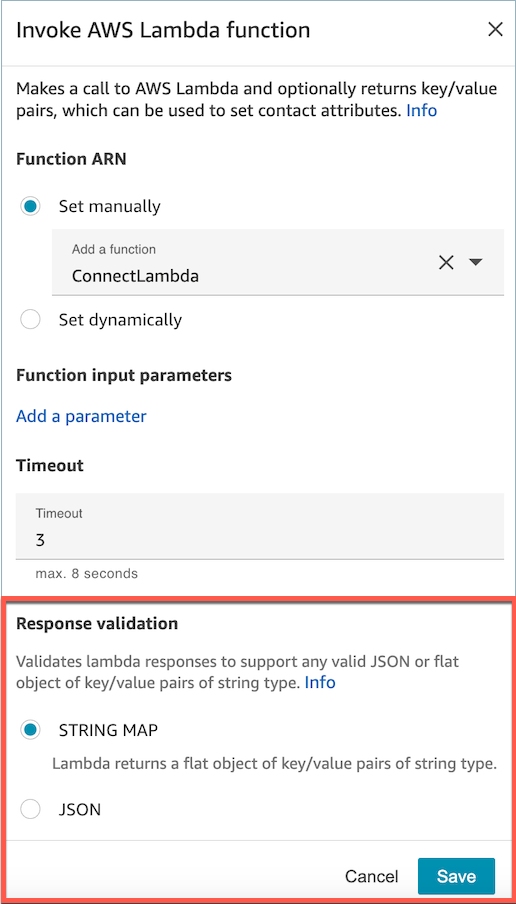 문자열 맵 또는 json의 사용을 강조하는 AWS Lambda 함수 호출 흐름 블록입니다.