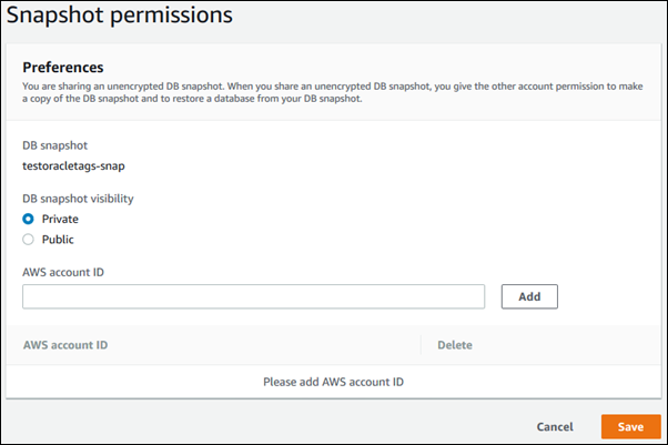 Permitir que Contas da AWS restaurem um snapshot de banco de dados manual