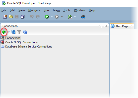 Oracle SQL Developer com o ícone Adicionar destacado.