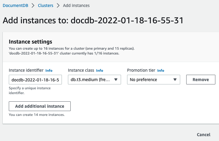 O formulário Adicionar instâncias, com opções para configurações de instância.