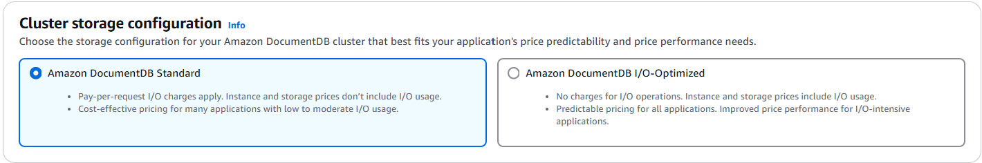 Seleção do tipo de armazenamento com a opção Amazon DocumentDB padrão destacada e os dois tipos de armazenamento descritos.