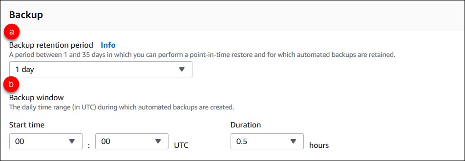 Captura de tela do painel Backup mostrando as etapas para configurar a janela de backup do cluster.