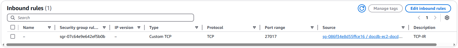 Guia de regras de entrada mostrando regra com o grupo de segurança como origem