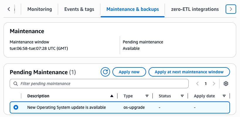 A guia Manutenção e backups do Amazon DocumentDB mostra a ação de manutenção do upgrade do sistema operacional.