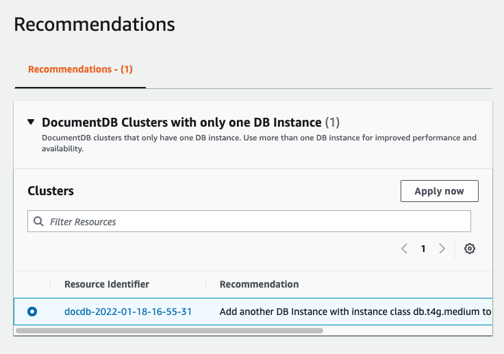 “推荐”表单，其中显示了为 Amazon DocumentDB 集群选择的推荐任务。