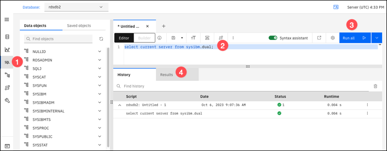 資料庫視窗顯示如何執行 SQL 命令並在 IBM Db2 Data Management Console 中檢視結果。